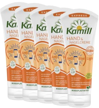 Kamill Lot de 5 crèmes pour les mains et les ongles Express (5 x 100 ml) – Protège les mains de la lumière bleue nocive avec filtre anti-lumière bleue et sans microplastique