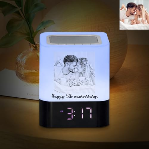 Angry Egg Boy Luz de noche táctil - Personalización de foto pintada a mano, Lámpara de mesilla de noche con altavoz Bluetooth y reloj, para dormitorio/oficina/acampada al aire libre