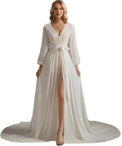 ruthyuexin Long Sleeve Wedding Jacket Chiffon Party Shawl Bolero Floor-Length Bridal Dress Cape Sexy Wedding Robe (Medium) Ivory