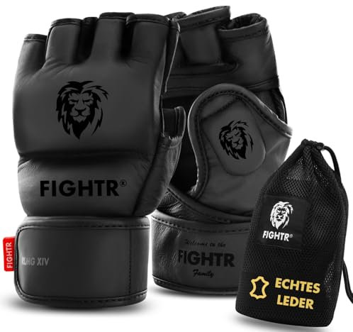 FIGHTR® Pro MMA Echtleder Handschuhe für Grappling Sparring Training, Kickboxen Kampfsport Muay Thai Boxsack Sandsack Pratzen Boxen | für Männer und Frauen inkl. Tragetasche (All Black, S)