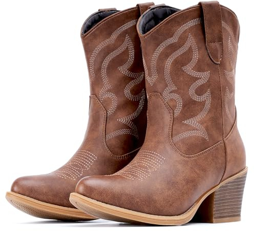 IXU Cowboy Boots for Women Wide Suede Ankle Western Cowgirl Boots Mid Calf Pointed Toe Short Chunky Classic Booties