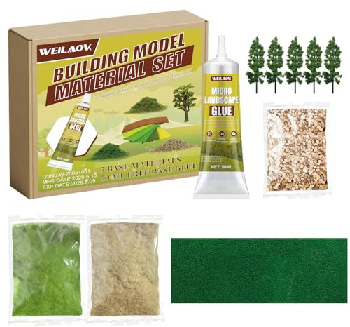 WEILAOK Modelisme Ensemble, 50ml Colle Maquette + 1PCS Fausse Herbe + 5PCS Arbre Miniature + 2PCS Faux Gazon +1 Sac Gravier Decoratif pour Construire des Modèles Architecturaux