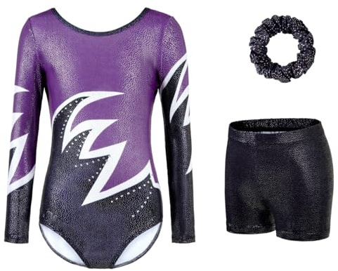 Gymnastics Leotards for Girls - Sparkling Gradient Design, Girls' Three-Piece Sleeve Gymnastics Leotard Set with Shorts for Ballet & Dance