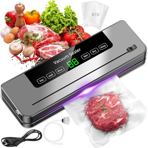 Vakuumierer Für Lebensmittel, 6 In 1 Multifunktionales Vakuumiergerät für Lebensmittel Digitalem Led Display Die Frischhaltung Von Lebensmitteln（10 Vakuumbeuteln und 1 Zubehörschlauch）