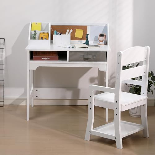 Garvee Kids Desk and Chair Set, Study Desk for Boys and Girl, Wooden Kids Writing Table with Cloth Drawers and Pen Holder