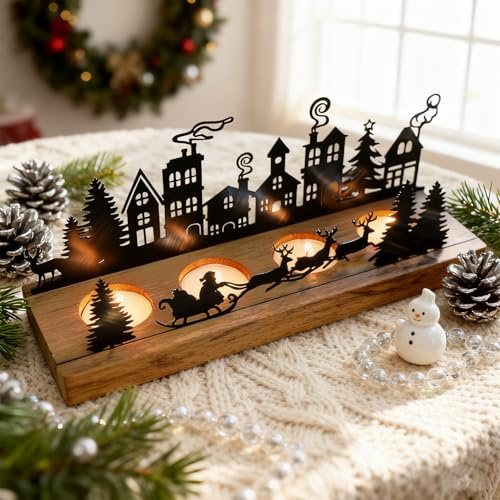 Forbabe Advent Wreath Candle Holder Modern, Christmas Advent Arrangement Oblong Tea Light Holder Candle Holder with Wooden Holders, Candle Tray Tea Lights Candle Holder for Christmas Decoration Table