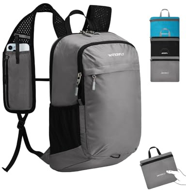WATERFLY Packable Lightweight Small Backpack: 15L Foldable Mini Hiking Daypack - Ultralight Compact Day Pack for Women Men Outdoor Travel Camping Walking - Gray