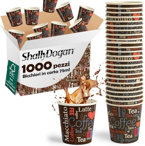 BAKAJI 1000 vasos de café desechables, capacidad 75 ml, taza de papel desechable para hotel, B & B, casa, ideales para fiestas y eventos, tazas resistentes, biodegradables y ecológicas (espresso)