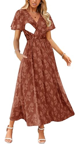 CzzzyL 2026 Fashion Women's Summer Nursing Dress V Neck Short Sleeve A-Line Breastfeeding Dresses with Pockets with Pockets Brown X-Large