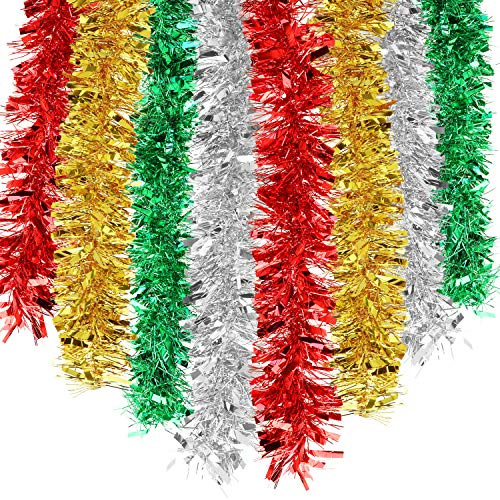 HOWAF 8 Peizas 14m Espumillon Arbol Navidad Guirnalda Natal Espumillon Verde Rojo Plata Oro Decoración Colgante para árbol de Navidad, Chimenea, Barandilla de Escalera