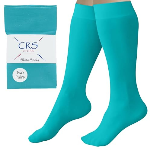 CRS Cross Figure Skating Socks. 2 Pair of Knee High Tights for Ice Skates and Dance. Premium Footed Skate Socks are available in a Wide Variety of Fun Colors. (Triple Teal)