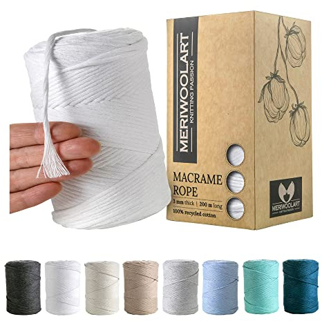 MeriWoolArt Macrame Cord 3mm White - Macrame Rope 200m - Super Soft, Single Twist Macrame String - Oeko-Tex 100% Recycled Cotton Macrame Cord Coloured- For DIY Macrame Crafts, Boho Home Décor