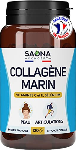 COLLAGENE MARIN - Vitamine C, E & Sélénium | Peau - Articulations - Cheveux - Ongles - Antioxydant - Anti-âge | Collagène Marin de type 1 Naturel | 1000 mg/j - 120 gélules - Fabriqué en France