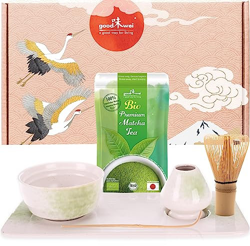 Goodwei Matcha Teezermonie-Set, 6-teilig mit Bio Matcha aus Japan, Schale, Besenhalter und Tee-Tablett im passenden Design, Keramik, 180 ml (Shiro)