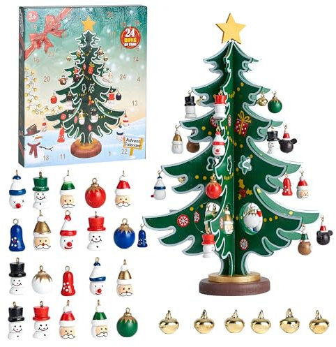 Douthfolle Calendrier de l'Avent 2024,Sapin de Noël en Bois avec 30 Ornements Calendrier de l'Avent Compte à Rebours de 24 Jours pour Garçons,Filles,Cadeaux de Fête,Cadeau de Noël