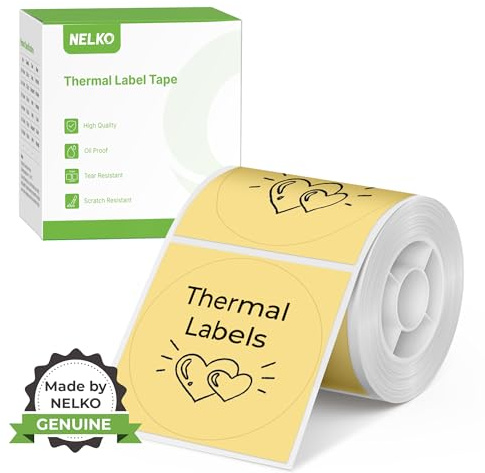 Etichette termiche per etichettatrice Nelko PM220, etichette termiche rotonde da 50 mm, impermeabili, multiuso, 1 rotolo da 150 carta termica autoadesiva (giallo)