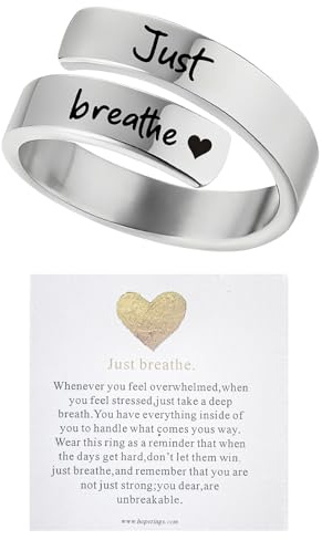 GAUEIOUR Just Breathe Anxiety Ring for Women Metal Carved Heart Healing Ring Adjustable Silver Inspirational Rings Wrap Open Rings