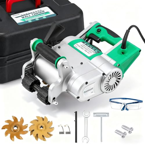 Sunseota Rozadora De Pared EléCtrica De 1100w, MáQuina Ranuradora De HormigóN, MáQuina Ranuradora De Pared Profesional Sin Polvo, Rozadora De Pared, DiseñO Colgante, Ancho Ajustable Green-110V
