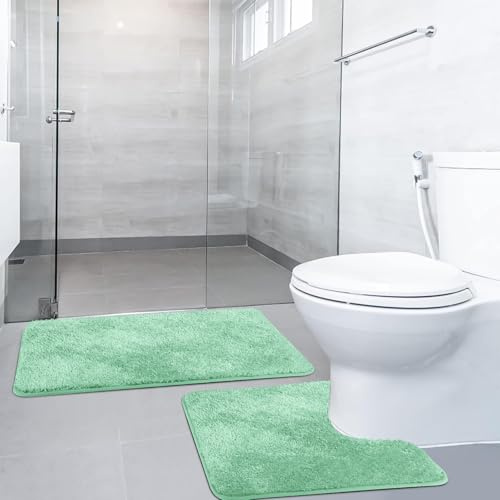 SOANNY Bath Mat Set, 2 Piece Non Slip Bathroom Rugs, Light Green | 50 X 80 CM & 50 X 50 CM, Washable Soft Plush Microfiber, Absorbent Shower Toilet Pedestal Carpet, Bathroom Floor Door Mat