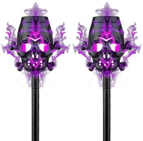 2PCS Solar Torch Lights Outdoor Flickering Flame, 16 Inch Weather-Resistant Skull Halloween Solar Lights Outdoor with Ground Spike for Outside Garden Yard Patio Pathway, Purple, Garden Tools