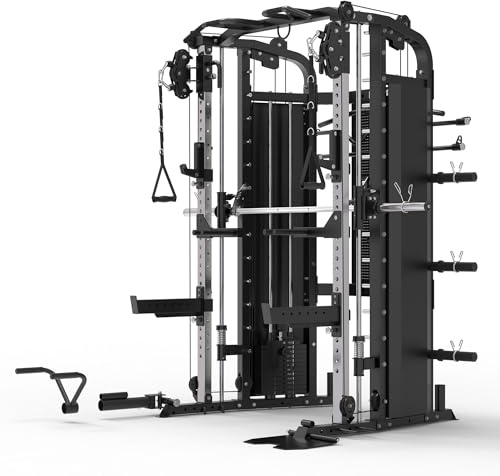 GORILLA SPORTS® Smith Machine - con Pesi Integrati 2x60 kg, Cavi, Barra Lat, Bilanciere 204 cm e Accessori, fino a 200 kg - Stazione Multifunzione, Palestra in Casa, Stazione Cavi, Power Rack