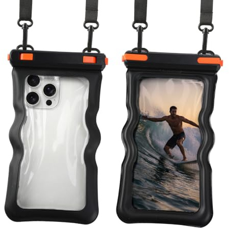 Pinmxaex Funda Impermeable IPX8 2 Unidades – Bolsa Acuática con Airbag Perimetral y Flotabilidad de 300g, Cuerda Ajustable para Móviles hasta 7″, Negro