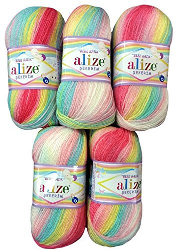 Alize 5 x 100g Babywolle Strickwolle rosa blau gelb Weiss Nr. 3045, 500 Gramm Wolle