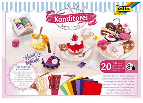 folia 51029 - Bastelfilzset Konditorei 20 teilig, umfangreiches Bastelset zum Gestalten von Kaufladen Produkten aus Filz, inklusive Anleitung und Schnittmuster