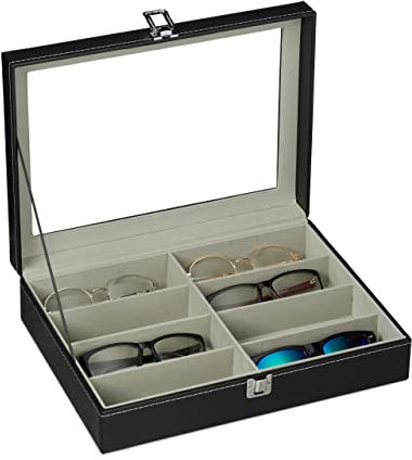 Relaxdays Brillenbox für 8 Brillen, Aufbewahrung Sonnenbrillen, 8,5 x 33,5 x 24,5 cm, Kunstleder Brillenkoffer, schwarz