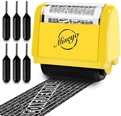 Miseyo Identity Theft Protection Roller Stamp Set - Yellow (6 Refill Ink) | Personal Data Theft Prevention, Hiding Confidential Information,1.5inch Wide Address Blocker, Easy to Scroll, Refillable ink