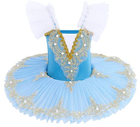 IBAKOM Enfant Filles Robe Ballet Justaucorps lac des cygnes Broderie Dor�e Perles Gymnastique Robe Body V�tements Danse avec Jupe Tutu Bleu Clair 13-14 Ans