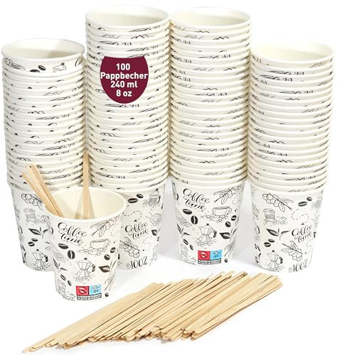 100 Vasos Desechables Café de Papel Cartón Blancos, 240 ml / 8oz - Vasos Resistentes y Elegantes para Bebidas Calientes o Frías, Perfectos para Oficina y Hogar. Incluyen Paletinas de Madera