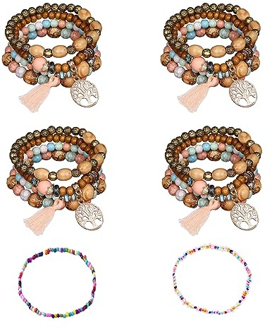 ATBUSS Lot de 4 Bracelets Liu Su Avec 2 Perles en Bois Colorées, Cordes à Main Fines, Bohème Multicouche, Pendentif Arbre de Vie, 170-210mm