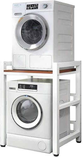 Étagère de rangement réglable en hauteur pour machine à laver et sèche-linge à chargement frontal - Capacité de charge de 400 kg (cadre blanc + bois de teck)