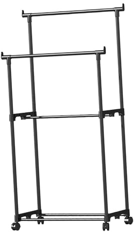 Gralara Appendiabiti a doppia asta, porta abiti con ruota mobile Appendiabiti multiuso in metallo, organizer per asciugamani per balcone