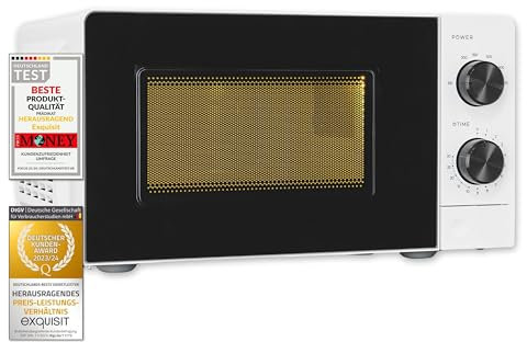 Exquisit Mikrowelle 20L, 700 Watt, 24,5cm Drehteller, 5 Leistungsstufen, Timer, Auftaufunktion, 2 Drehregler, MW950-070 weiss