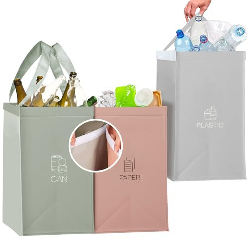 Pizsieat Mülltrennsystem 3fach, Recycling System Taschen, Altpapier Sammler + Pfandflaschen Sammelbehälter + Plastikmüll Behälter, Mülltrennungssystem mit Transportgriff für Glas, Plastik und Papier