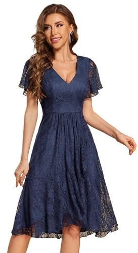 Ever-Pretty Robe Invitée Mariage Midi Dentelle Col V Maches Courtes Bleu Marine 36