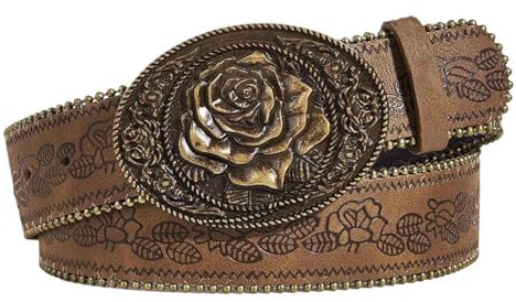 Flimire Women Western Belt with Heart Embossed Buckle Vintage Brown Belt for Jeans Pant Dress Cowgirl Cowboy Belts (Brown-Flower Buckle, Fit Waist Size:27''-33'')