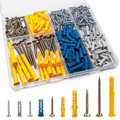 Zynthor 270Pcs Screws and Wall Plugs Set, Wall Plugs and Plasterboard Screws, 5 Sizes Raw Plug Assortment Kit, Plasterboard Fixings for Brick Concrete Drywall