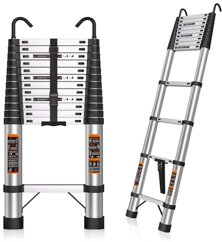 Telescoping Ladder 16.5 FT Telescope Ladder Stainless Steel, Extension Collapsible Telescopic Ladders with 2 Hooks Folding Extendable Adjustable Portable Rv Ladders for Home Roof, 330lbs Max Capacity