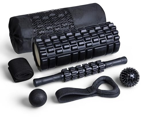 7-in-1 High Density Trigger Point Foam Roller Set with Muscle Roller Stick | Massage Ball | Spiky Ball | Resistance Band | Stretch Band | Full Body Muscle Recovery & Stretching