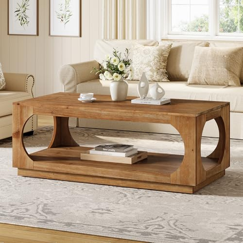 TRIBEWOOD Mesa de Centro de Madera Maciza, 120cm Mesa de Centro de Estilo Rústico con Almacenamiento para Sala de Estar, Mesa de Cóctel y té Rectangular de 2 Niveles para Apartamento, Oficina en Casa