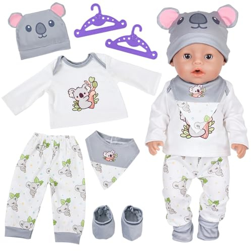 7 Pcs Baby Dolls Clothes for 14-18 Inch Doll, Cute Cartoon Doll Clothes with Top Pants Socks Ear Hat Hanger, Sweet Doll Outfit For 35-43cm Dolls, Birthday Festival Gifts for Girls Boys