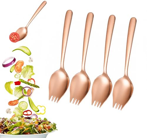 JOVYTH 4 Posate Per Insalata In Acciaio Inossidabile Rosa Oro – Set Di Cucchiai Da Servizio, Sporks 2 In 1 Cucchiaio E Forchetta, Cucchiaio Multifunzione Per Campeggio, Casa E Viaggi