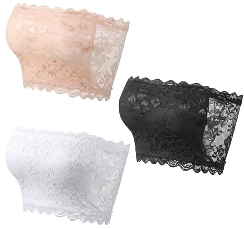 ElevateTech Lace Tube Top Bra, 3 Pcs Women's Floral Lace Bandeau Bra Strapless Modesty Panel Cleavage Cover Up for Low Neckline Seamless Front Stretch Bralette for Women B or A Cup (White, Black, Skin