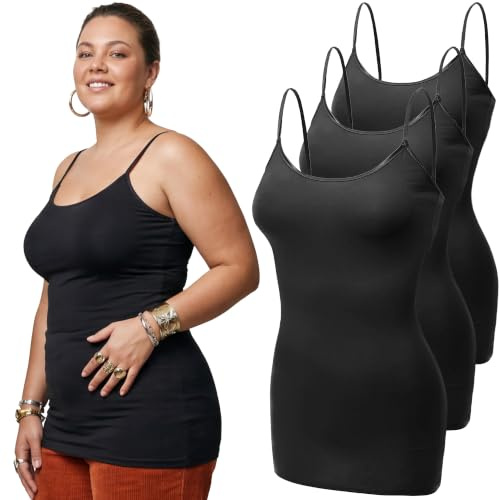 Emmalise Women's Basic Casual Long Camisole Cami Top Value Combo - 3Pk - Black, Large