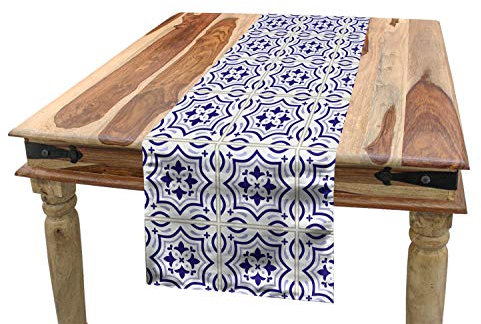 ABAKUHAUS Azulejo Tischläufer, Portugiesisch Bodenfliese, Esszimmer Küche Rechteckiger Dekorativer Tischläufer, 40 x 180 cm, Violettblau Blau grau Grau weiß