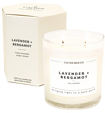 Calyan Wax Co. Lavender & Bergamot 2 Wick Scented Candle - 37 Hour Burn - Luxury Non Toxic Soy Wax Candles - Long Lasting Large Glass Jar Candle for Home - 8.8oz