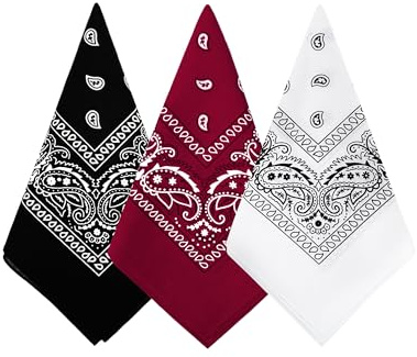Bycc Bynn 3 Pack 100% Cotton Paisley Bandanas Square Scarf Headwear (Black + Burgundy + White)